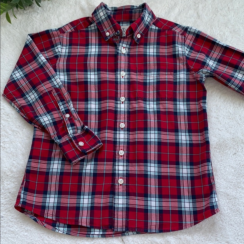 Lands' End 5/6 Red & White Button Down Shirt Classic Plaid EUC